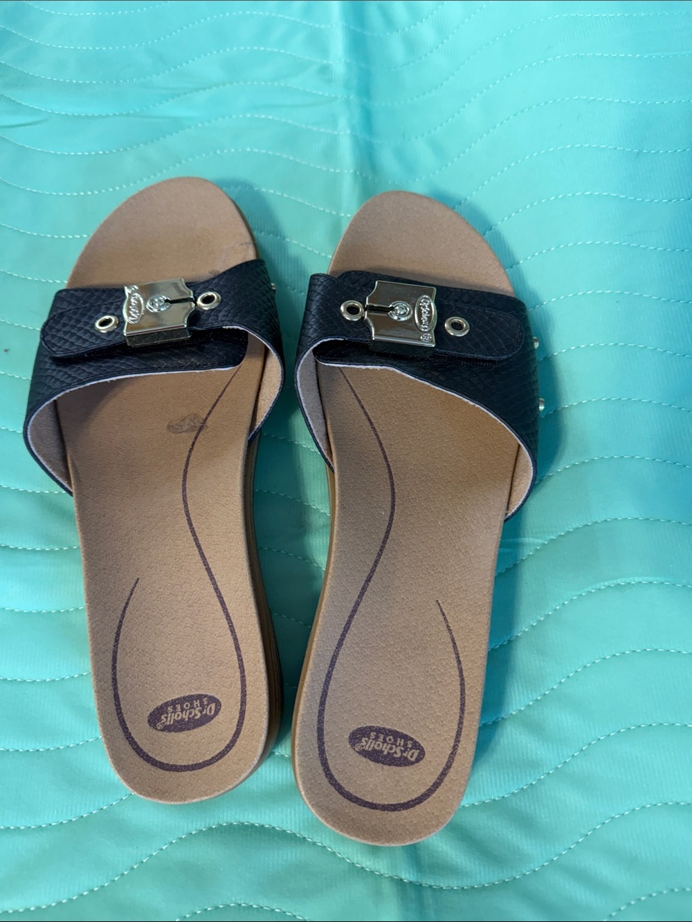 Dr. Scholl's Black Slide Sandals with Silver Buckle
